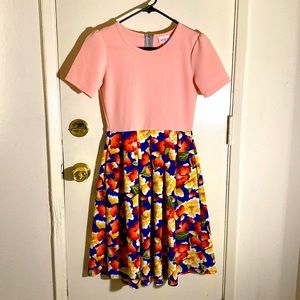 LuLaRoe A-line dress in floral print and cream/orange color.
